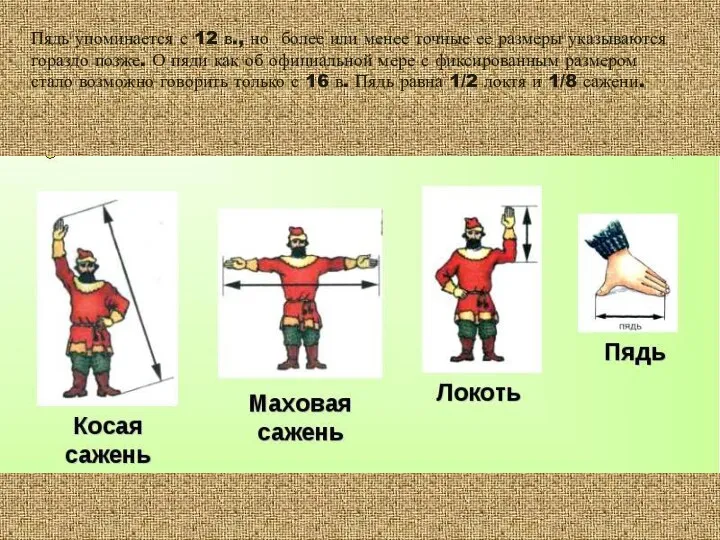 Пядь упоминается с 12 в., но более или менее точные