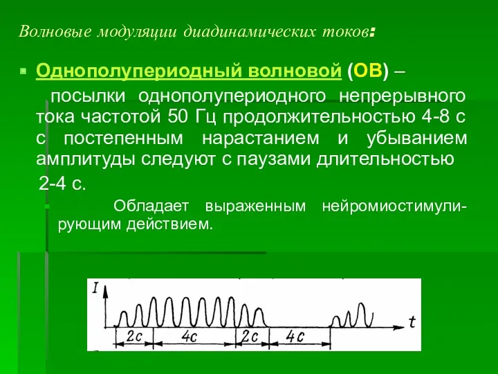 Волновые модуляции диадинамических токов: Однополупериодный волновой (ОВ) – посылки однополупериодного