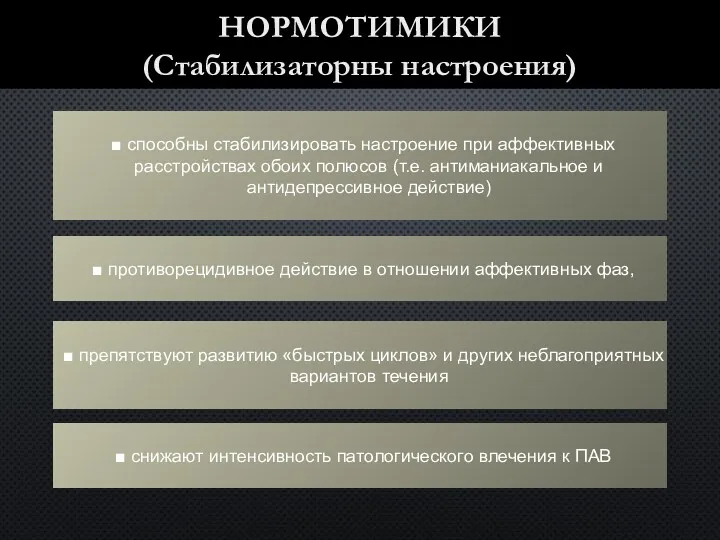 НОРМОТИМИКИ (Стабилизаторны настроения) способны стабилизировать настроение при аффективных расстройствах обоих