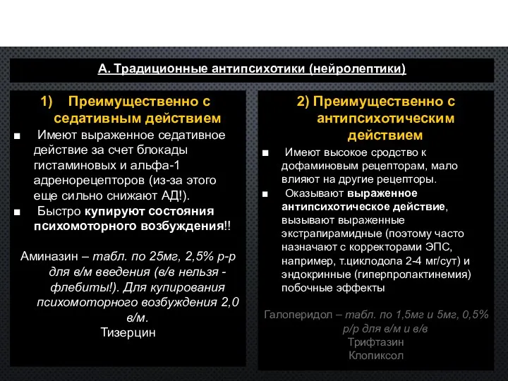 КЛАССИФИКАЦИЯ АНТИПСИХОТИКОВ А. Традиционные антипсихотики (нейролептики) Преимущественно с седативным действием