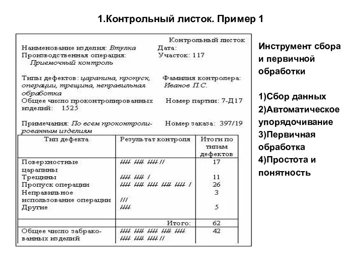 1.Контрольный листок. Пример 1 Инструмент сбора и первичной обработки 1)Сбор