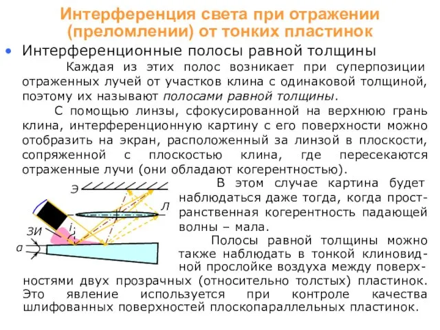 Интерференционные полосы равной толщины Каждая из этих полос возникает при