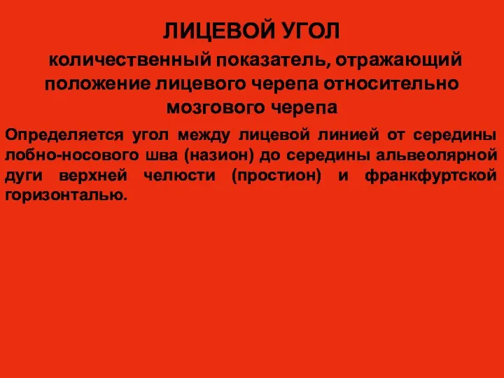 ЛИЦЕВОЙ УГОЛ количественный показатель, отражающий положение лицевого черепа относительно мозгового