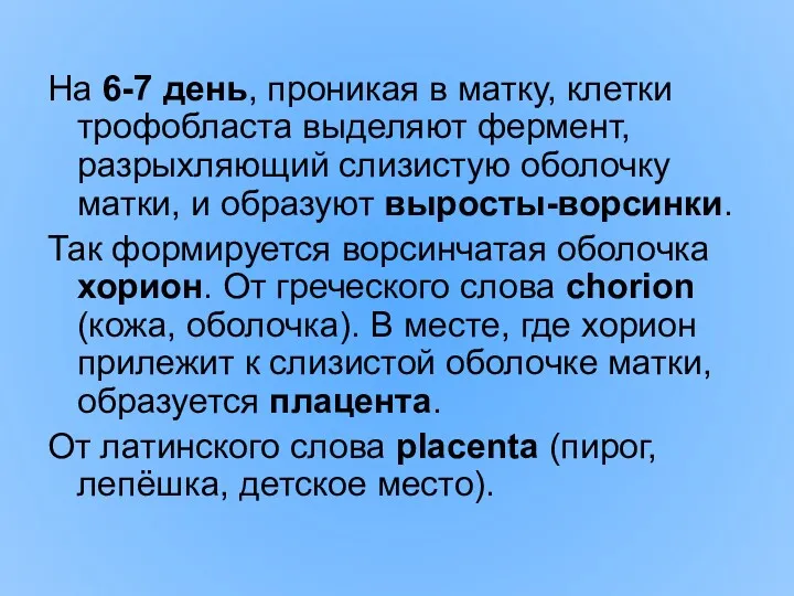 На 6-7 день, проникая в матку, клетки трофобласта выделяют фермент,