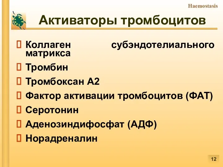 Активаторы тромбоцитов Коллаген субэндотелиального матрикса Тромбин Тромбоксан А2 Фактор активации тромбоцитов (ФАТ) Серотонин Аденозиндифосфат (АДФ) Норадреналин