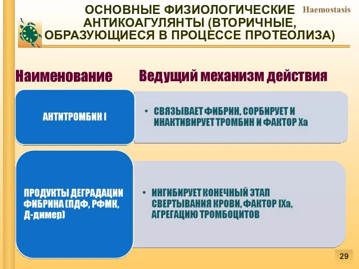 ОСНОВНЫЕ ФИЗИОЛОГИЧЕСКИЕ АНТИКОАГУЛЯНТЫ (ВТОРИЧНЫЕ, ОБРАЗУЮЩИЕСЯ В ПРОЦЕССЕ ПРОТЕОЛИЗА) Наименование Ведущий механизм действия