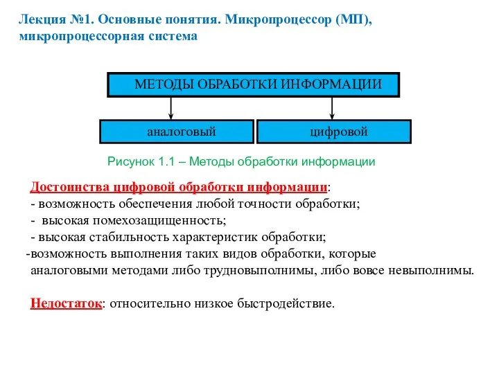 Лекция №1. Основные понятия. Микропроцессор (МП), микропроцессорная система МЕТОДЫ ОБРАБОТКИ