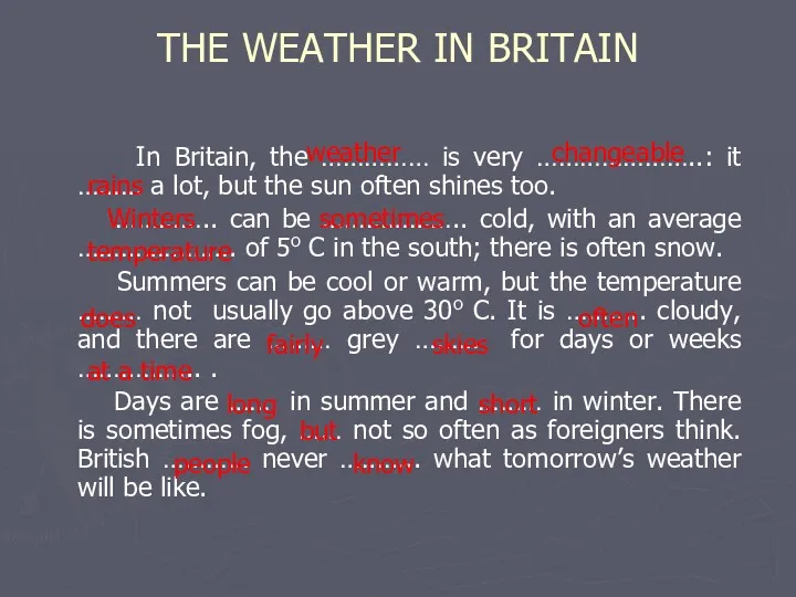 THE WEATHER IN BRITAIN In Britain, the …………… is very …………………..: it ………