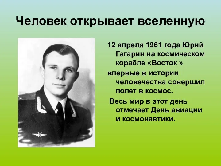 Человек открывает вселенную 12 апреля 1961 года Юрий Гагарин на