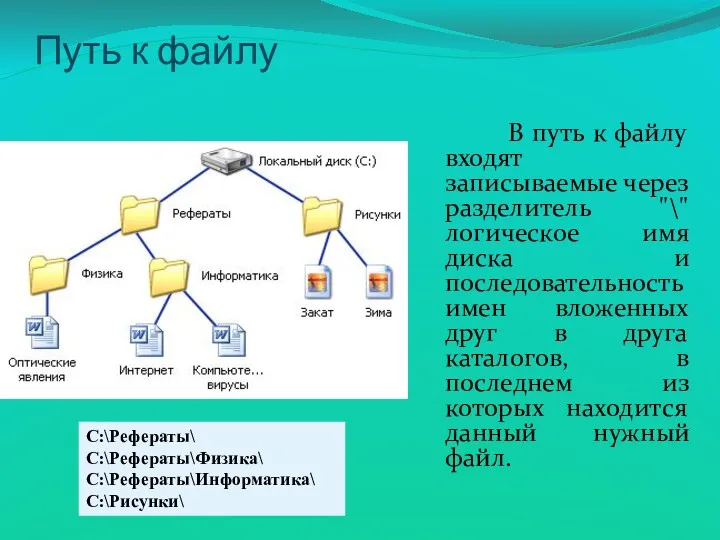 В путь к файлу входят записываемые через разделитель "\" логическое