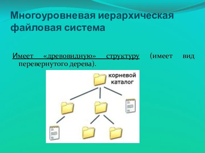 Имеет «древовидную» структуру (имеет вид перевернутого дерева). Многоуровневая иерархическая файловая система