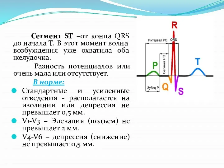 Сегмент ST –от конца QRS до начала Т. В этот