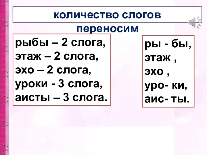 количество слогов переносим рыбы – 2 слога, этаж – 2