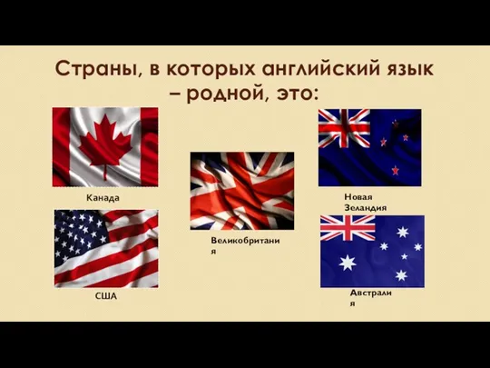 Страны, в которых английский язык – родной, это: Новая Зеландия Великобритания Австралия Канада США