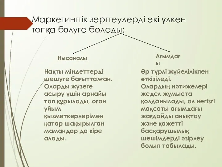 Маркетингтік зерттеулерді екі үлкен топқа бөлуге болады: Нақты міндеттерді шешуге