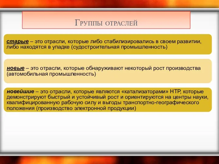 Группы отраслей старые – это отрасли, которые либо стабилизировались в