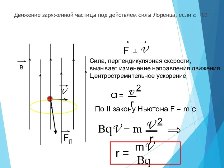 Движение заряженной частицы под действием силы Лоренца, если α =