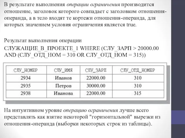 В результате выполнения операции ограничения производится отношение, заголовок которого совпадает