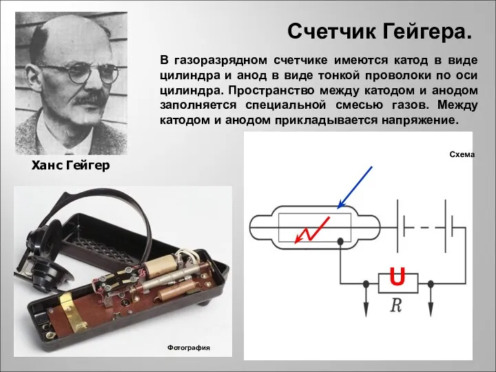 Счетчик Гейгера. Схема Фотография Ханс Гейгер В газоразрядном счетчике имеются