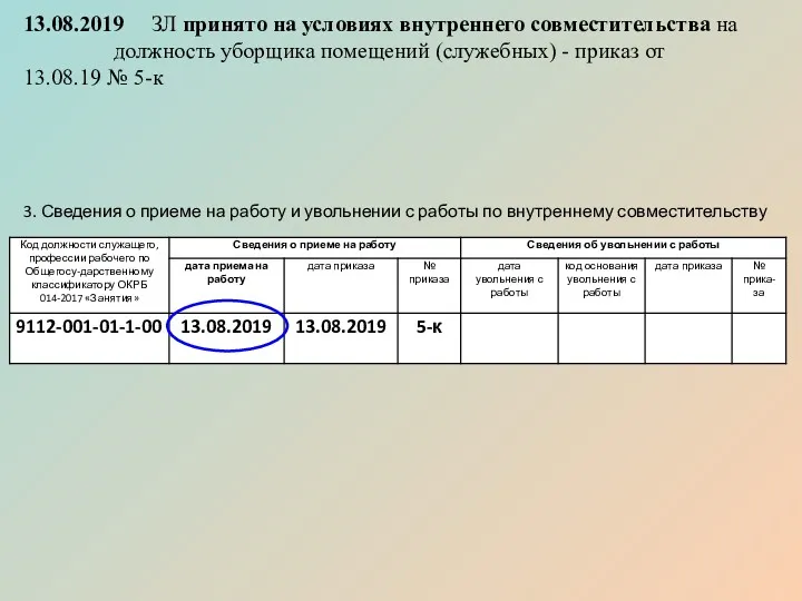 13.08.2019 ЗЛ принято на условиях внутреннего совместительства на должность уборщика