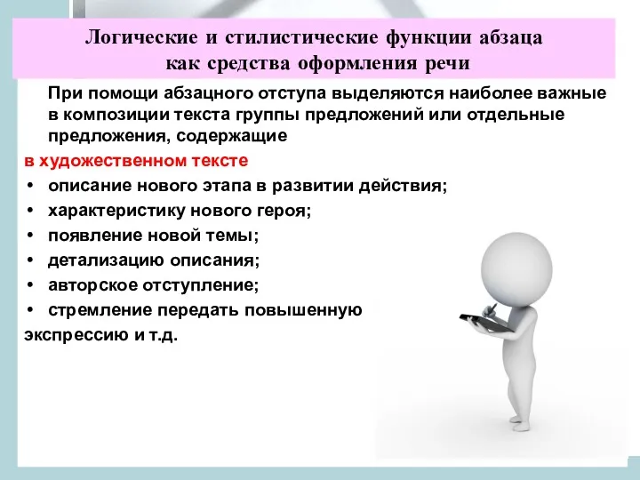 Логические и стилистические функции абзаца как средства оформления речи При