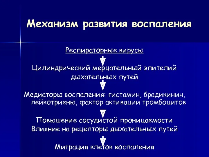 Механизм развития воспаления Респираторные вирусы Цилиндрический мерцательный эпителий дыхательных путей