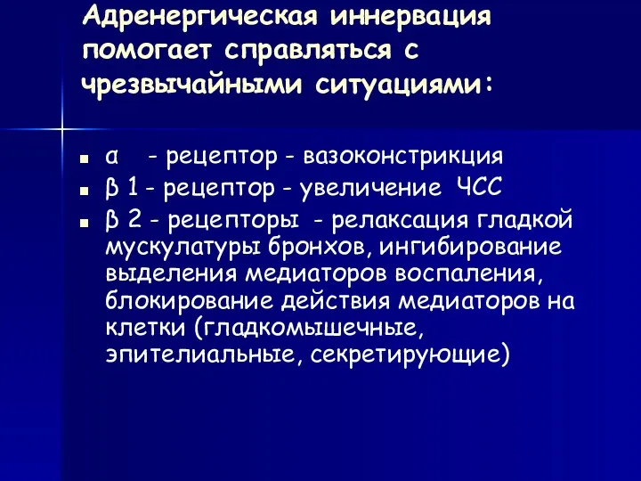 Адренергическая иннервация помогает справляться с чрезвычайными ситуациями: α - рецептор