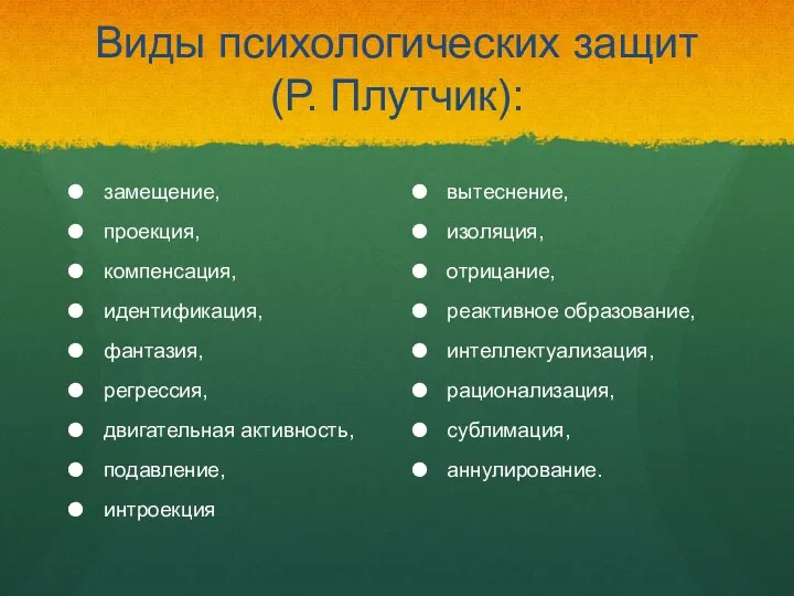 Виды психологических защит (Р. Плутчик): замещение, проекция, компенсация, идентификация, фантазия,