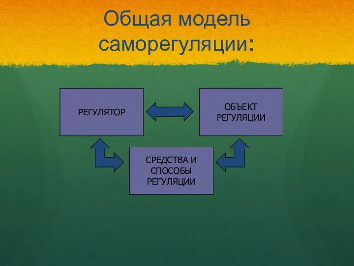 Общая модель саморегуляции: РЕГУЛЯТОР ОБЪЕКТ РЕГУЛЯЦИИ СРЕДСТВА И СПОСОБЫ РЕГУЛЯЦИИ