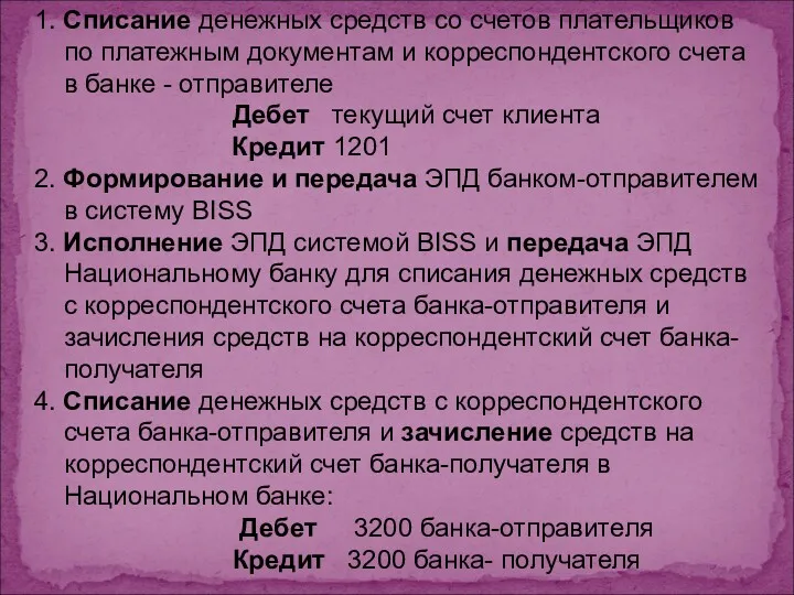 1. Списание денежных средств со счетов плательщиков по платежным документам и корреспондентского счета