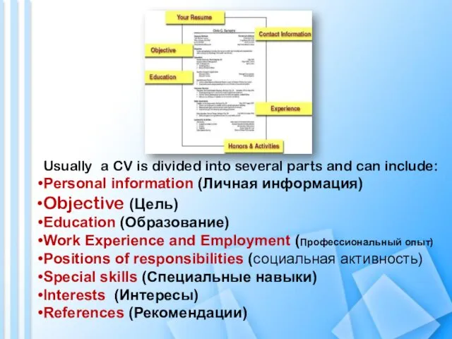 Usually a CV is divided into several parts and can