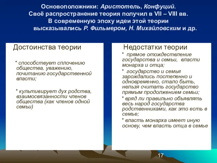 Основоположники: Аристотель, Конфуций. Своё распространение теория получил в VII –