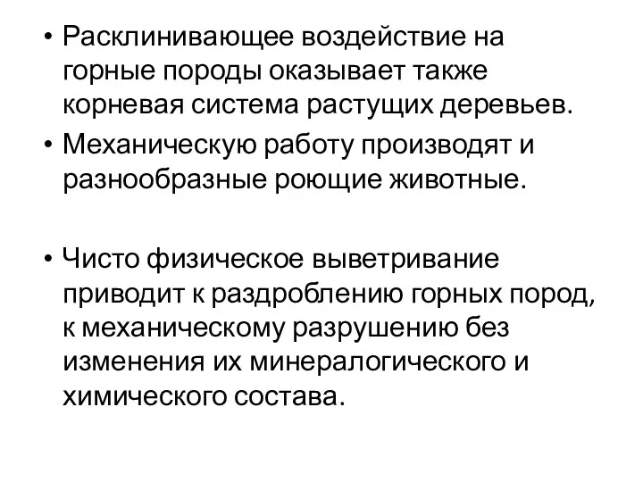 Расклинивающее воздействие на горные породы оказывает также корневая система растущих