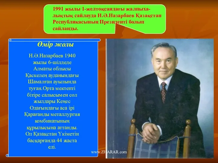 1991 жылы 1-желтоқсандағы жалпыха-лықтық сайлауда Н.Ә.Назарбаев Қазақстан Республикасының Президенті болып сайланды. Н.Ә.Назарбаев 1940