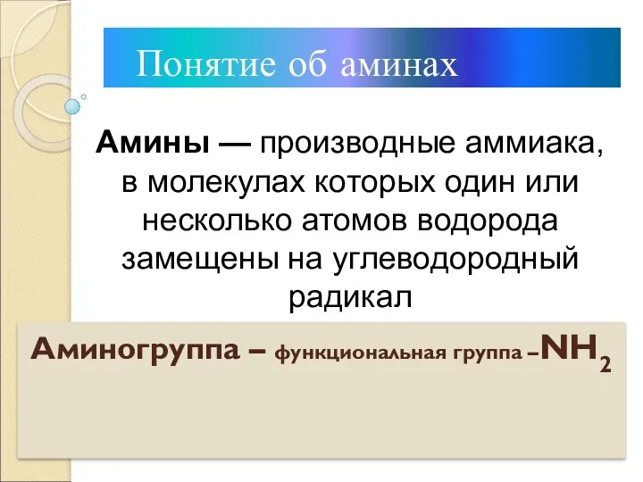 Понятие об аминах Амины — производные аммиака, в молекулах которых