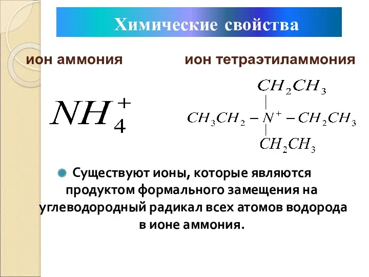 ион аммония ион тетраэтиламмония Существуют ионы, которые являются продуктом формального
