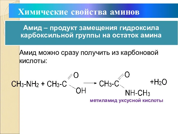Химические свойства аминов Амид можно сразу получить из карбоновой кислоты: метиламид уксусной кислоты