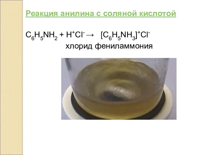 С6Н5NH2 + H+Cl- → [С6Н5NH3]+Cl- хлорид фениламмония Реакция анилина с соляной кислотой