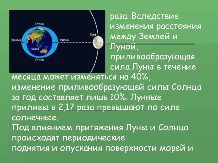 раза. Вследствие изменения расстояния между Землей и Луной, приливообразующая сила