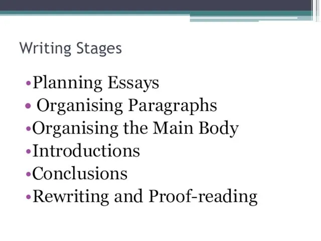 Writing Stages Planning Essays Organising Paragraphs Organising the Main Body Introductions Conclusions Rewriting and Proof-reading