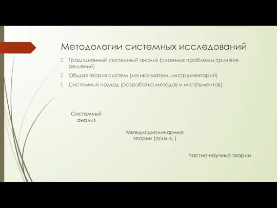 Методологии системных исследований Традиционный системный анализ (сложные проблемы принятия решений)