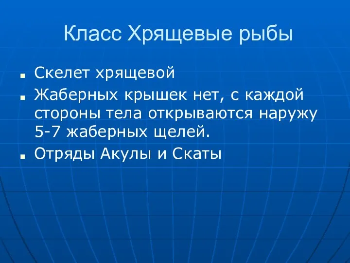 Класс Хрящевые рыбы Скелет хрящевой Жаберных крышек нет, с каждой