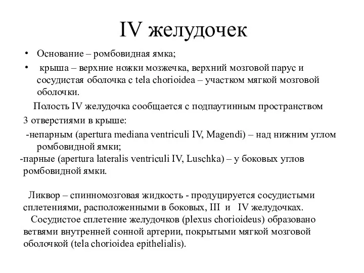 IV желудочек Основание – ромбовидная ямка; крыша – верхние ножки