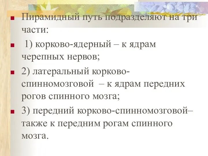 Пирамидный путь подразделяют на три части: 1) корково-ядерный – к