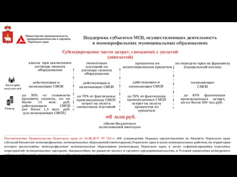 Поддержка субъектов МСП, осуществляющих деятельность в монопрофильных муниципальных образованиях Постановление Правительства Пермского края