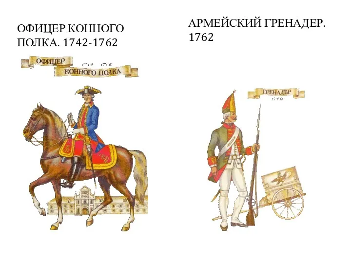 ОФИЦЕР КОННОГО ПОЛКА. 1742-1762 АРМЕЙСКИЙ ГРЕНАДЕР. 1762