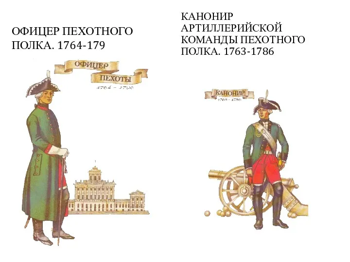 ОФИЦЕР ПЕХОТНОГО ПОЛКА. 1764-179 КАНОНИР АРТИЛЛЕРИЙСКОЙ КОМАНДЫ ПЕХОТНОГО ПОЛКА. 1763-1786