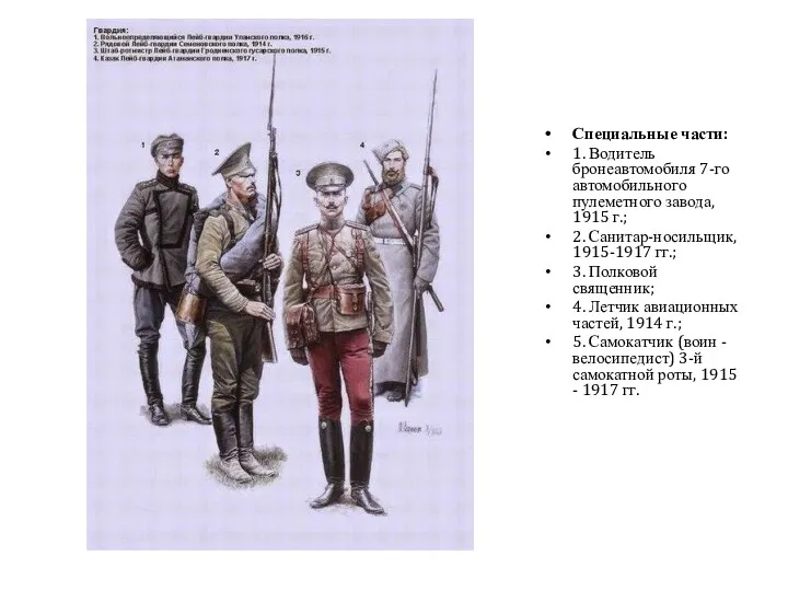 Специальные части: 1. Водитель бронеавтомобиля 7-го автомобильного пулеметного завода, 1915