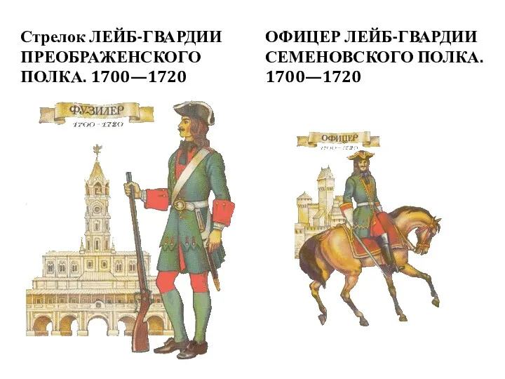 Стрелок ЛЕЙБ-ГВАРДИИ ПРЕОБРАЖЕНСКОГО ПОЛКА. 1700—1720 ОФИЦЕР ЛЕЙБ-ГВАРДИИ СЕМЕНОВСКОГО ПОЛКА. 1700—1720