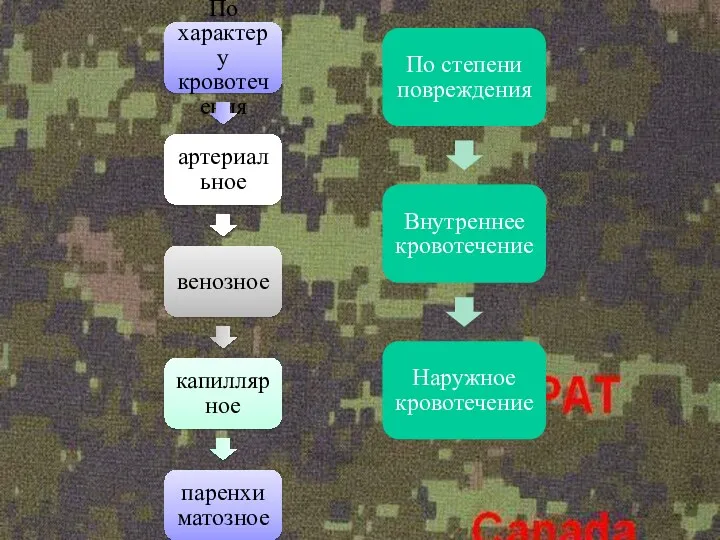 По характеру кровотечения артериальное венозное капиллярное паренхиматозное По степени повреждения Внутреннее кровотечение Наружное кровотечение